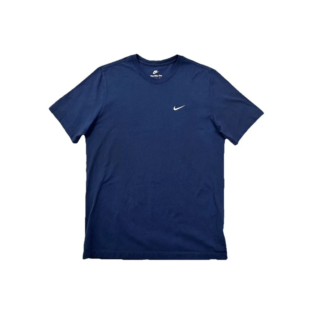 Nike Sportswear Club Medium Mens Short Sleeve Shirt Navy Blue Embroidered Swoosh
